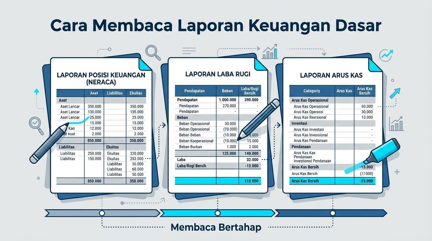 Ilustrasi membaca laporan keuangan dasar perusahaan